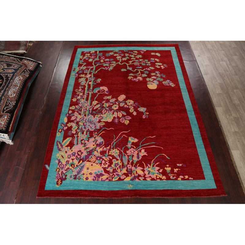 Tapis rouge à motif de teinture végétale noué à la main 10 x 13