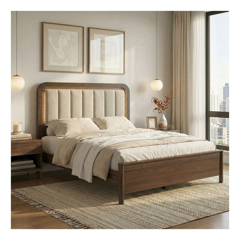 Ensemble de chambre à coucher de style moderne du milieu du siècle pour lit king-size avec tête de lit DEL, table de chevet et commode finition noyer