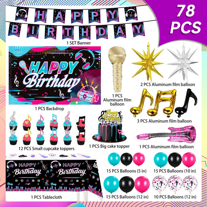 78 pièces de fournitures de fête musicale, ensemble de décorations de fête d'anniversaire musicale