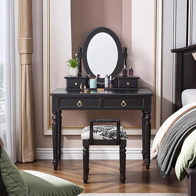 Meuble-lavabo 31,5 po rétro en bois de frêne noir avec miroir et tabouret