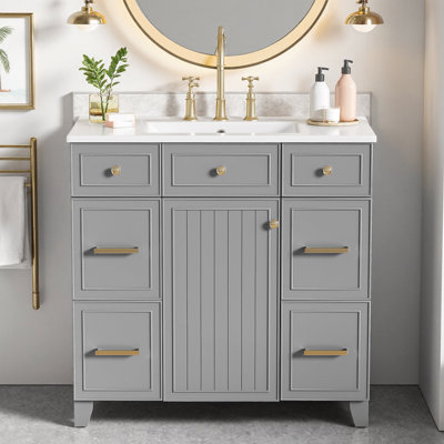 Meuble-lavabo gris 36 po avec lavabo en céramique, structure en bois massif, portes et tiroirs à fermeture en douceur, tablettes réglables