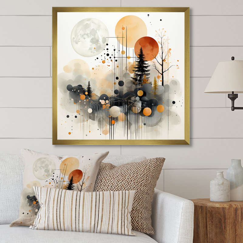 Paysage moderne noir et jaune de la forêt IV - Art abstrait paysage mural, Cadre doré simple, H 36 po x l 36 po x P 1,5 po