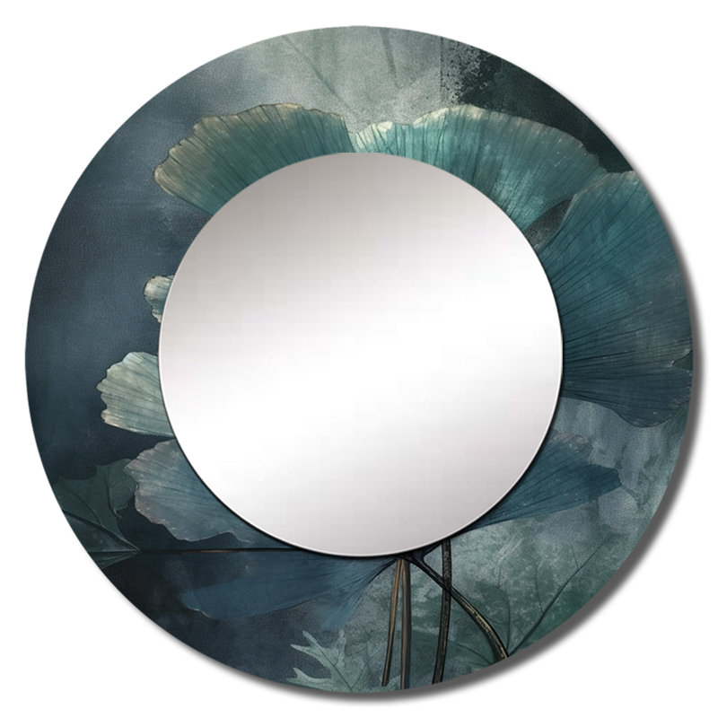 Glenink Tropical Palm Leaves Ginkgo I - miroir vert, miroir mural décoratif rond traditionnel, impression d'art en métal