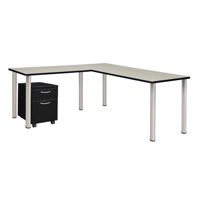 Bureau en coin en K avec plateau à piédestal et tiroir Kee, Érable / chrome, H 29 po x l 60 po x P 66 po