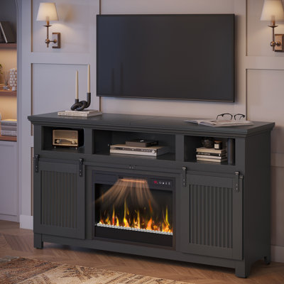 60" Farmhouse TV Stand for TVs up to 65" with Remote Control 23" Electric Fireplace Heater, Overheat Protection, Timer