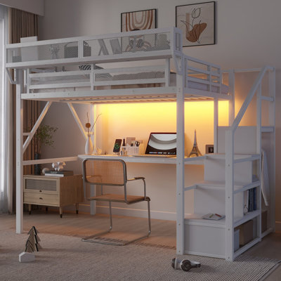 Full Size Metal Loft Bed with Stairs and Light