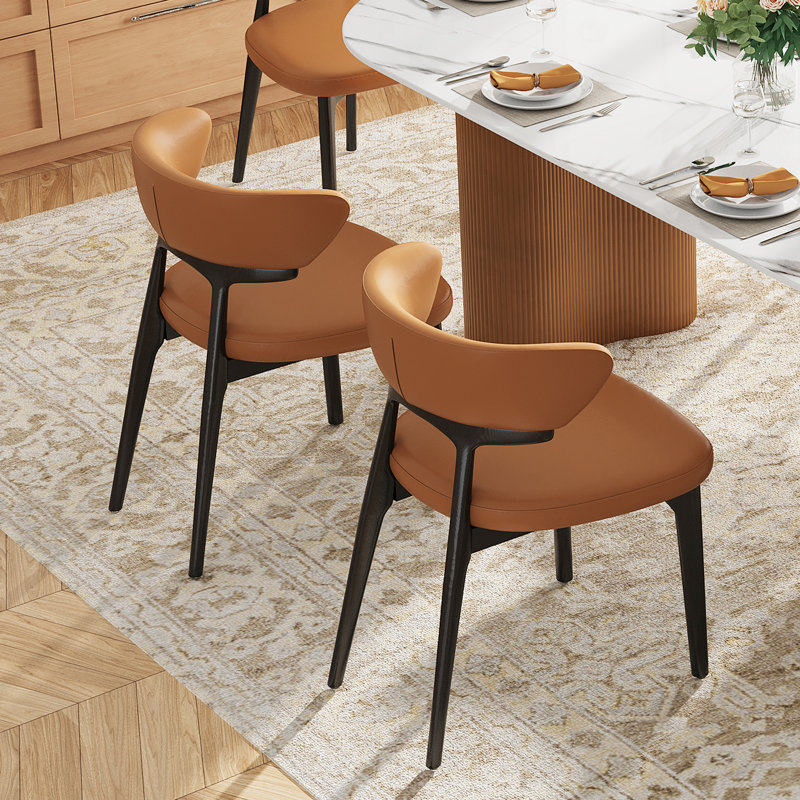 Modern Fully Assembled Dining Chairs Set, Faux Leather With Solid Wood Legs, 4, Brown, Black