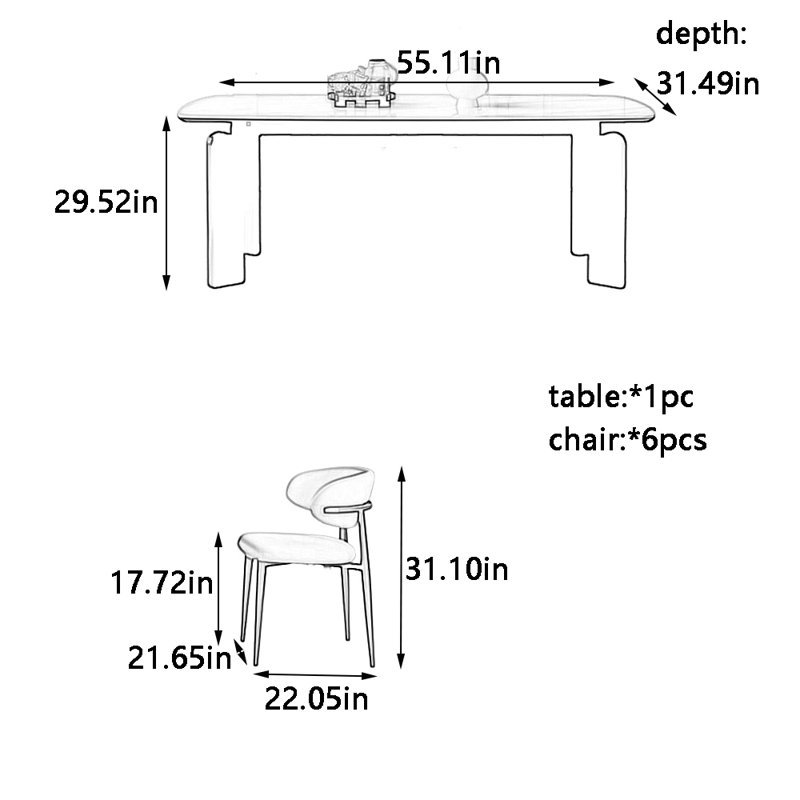Simple rock board dining table and chair set, 29.52"H x 55.11"L x 31.49"W