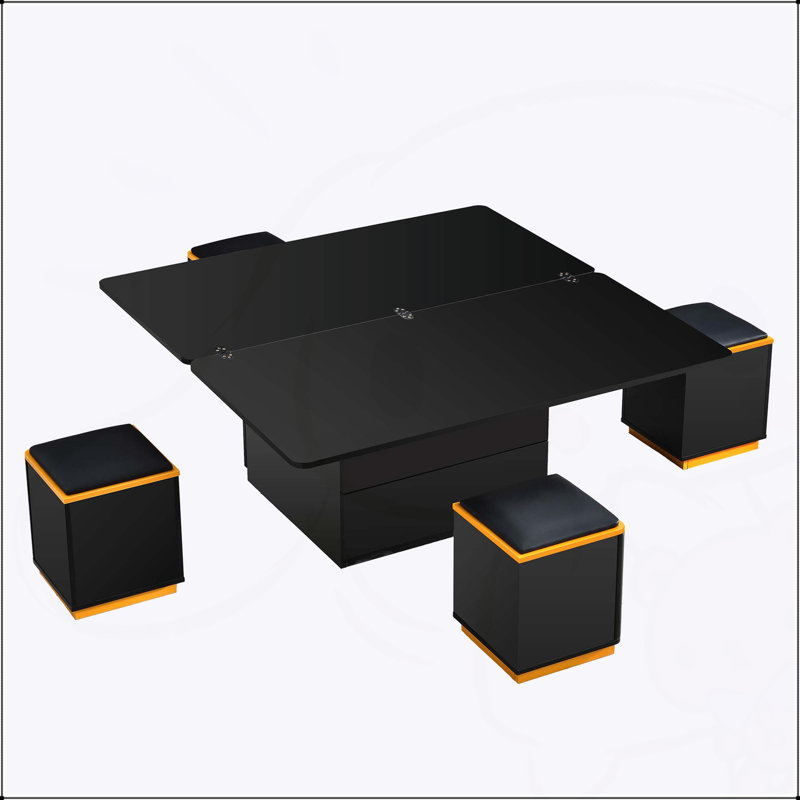 Table basse relevable avec 4 tabourets de rangement, table basse compacte avec plateau pliable, table basse réglable multifonctionnelle pour le salon