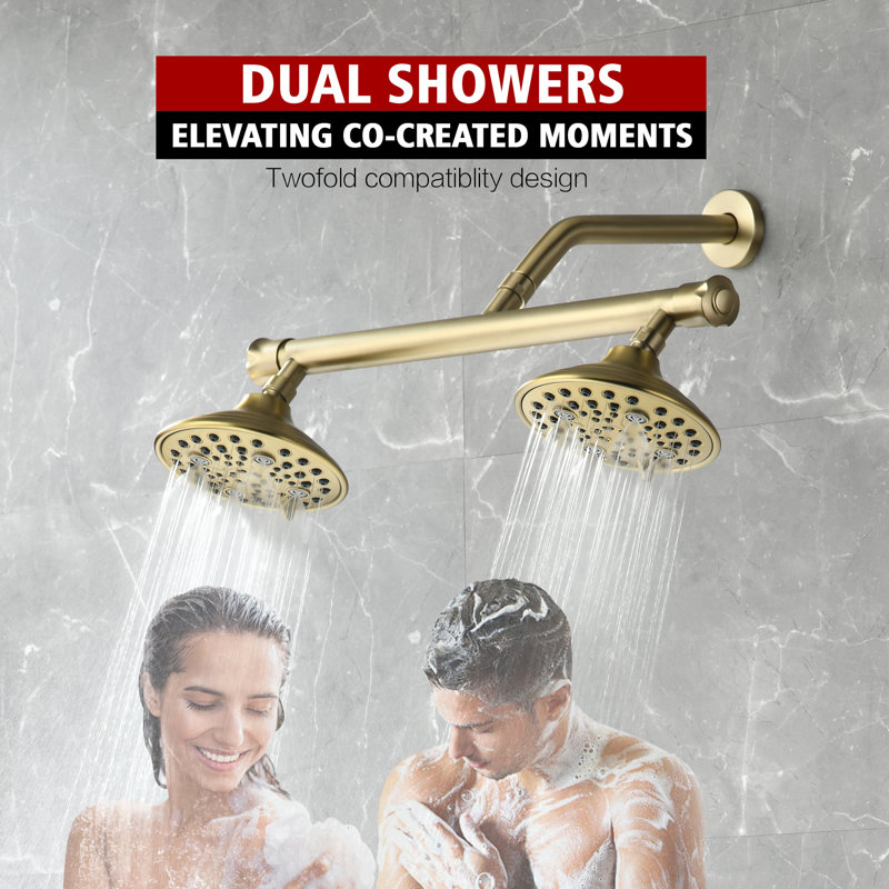 Dual Manifold Shower Kit With Pressure Balancing Valve & 6 Spray Patterns - Model 4366K, Wall Mount Shower Arm, Gold