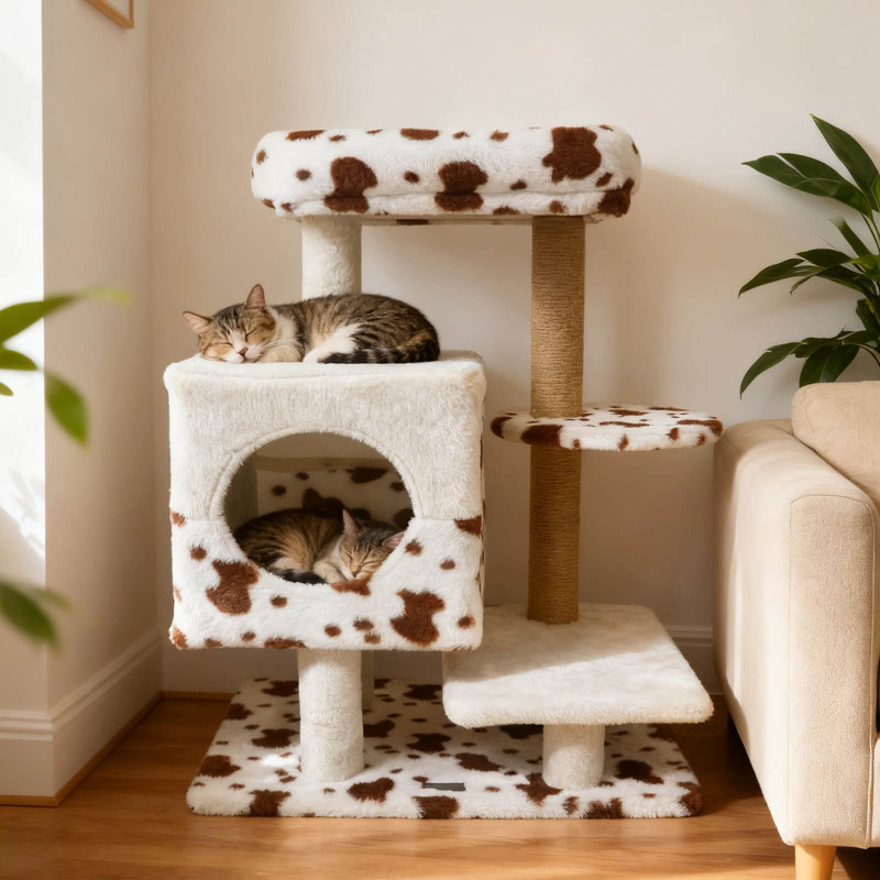 Arbre à chat moderne avec perchoir rembourré large et 2 poteaux à griffer