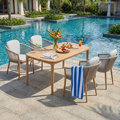 5-Piece Teak Wood Outdoor Dining Set with Rope Woven Aluminum Chairs & Cushions