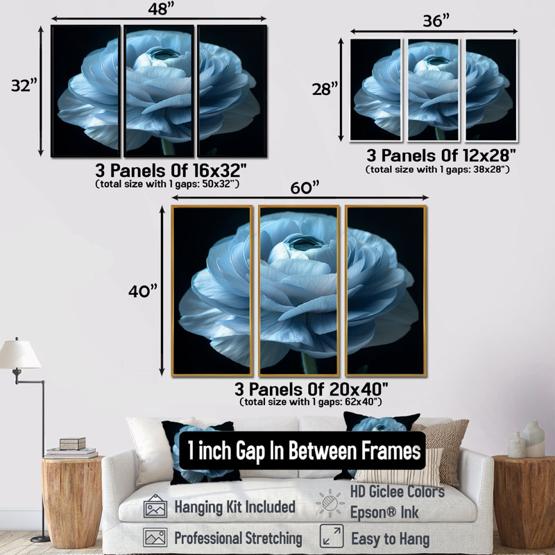 Mono, bleu, noir, renoncules congelés, reproduction d'art mural, Toile avec cadre flottant noir, H 40 po x l 60 po x P 1 po