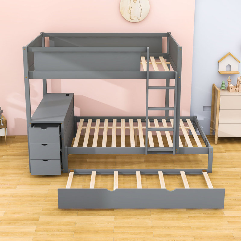 Lit superposé à 3 tiroirs en bois avec lit gigogne simple, bureau et station de charge, Lit superposé double sur double, Gris