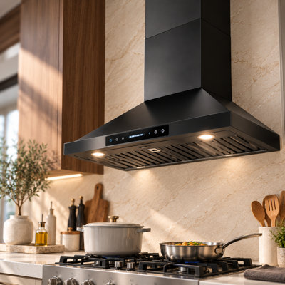 Hotte murale convertible VENFAN 36" 900 CFM, en acier inoxydable noir, avec 4 vitesses, éclairage DEL et commandes gestuelles et tactiles.