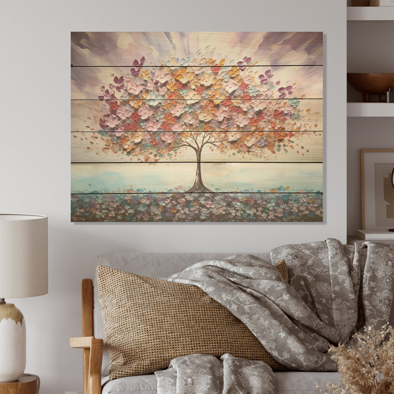 Multicolor Famous Tree Of Love - Flower Field Wood Wall Art On Natural Pine Wood, 10" H x 20" W