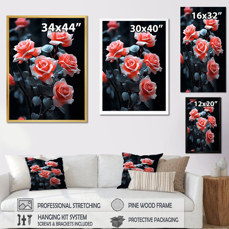 «Pink Flowers Coral Serenade», reproduction sur toile florale, H 32 po x l 24 po x P 1 po, Encadrement doré