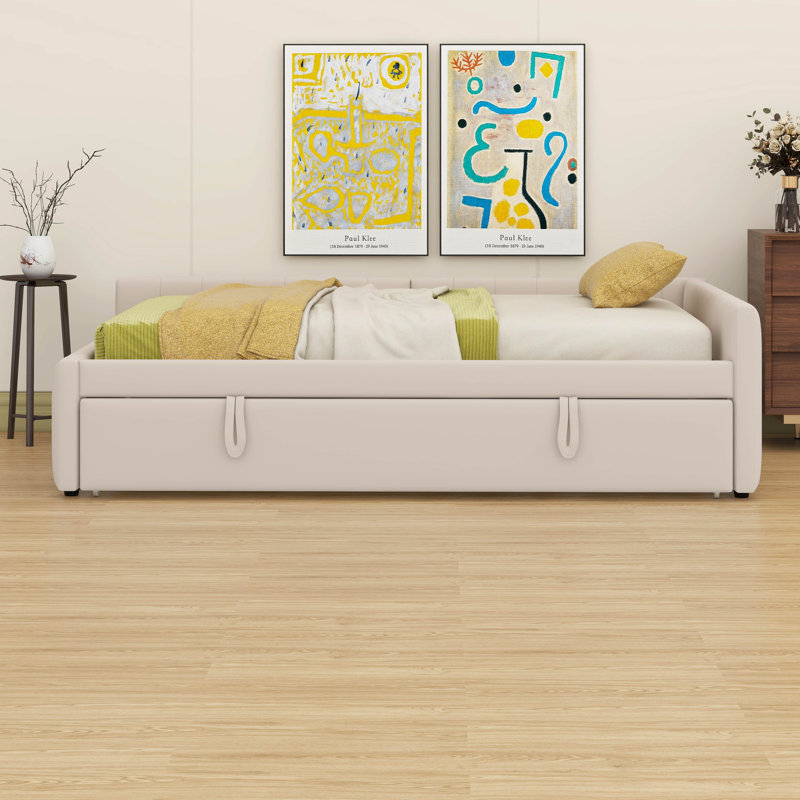 Full Size Upholstered L-Shaped Daybed – Twin Size Pop Up Trundle Included, Beige