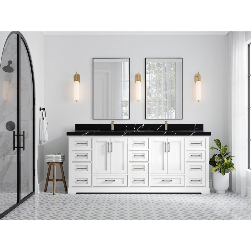 Eser 84'' Double Bathroom Vanity with Top, White, Calacatta Black Quartz