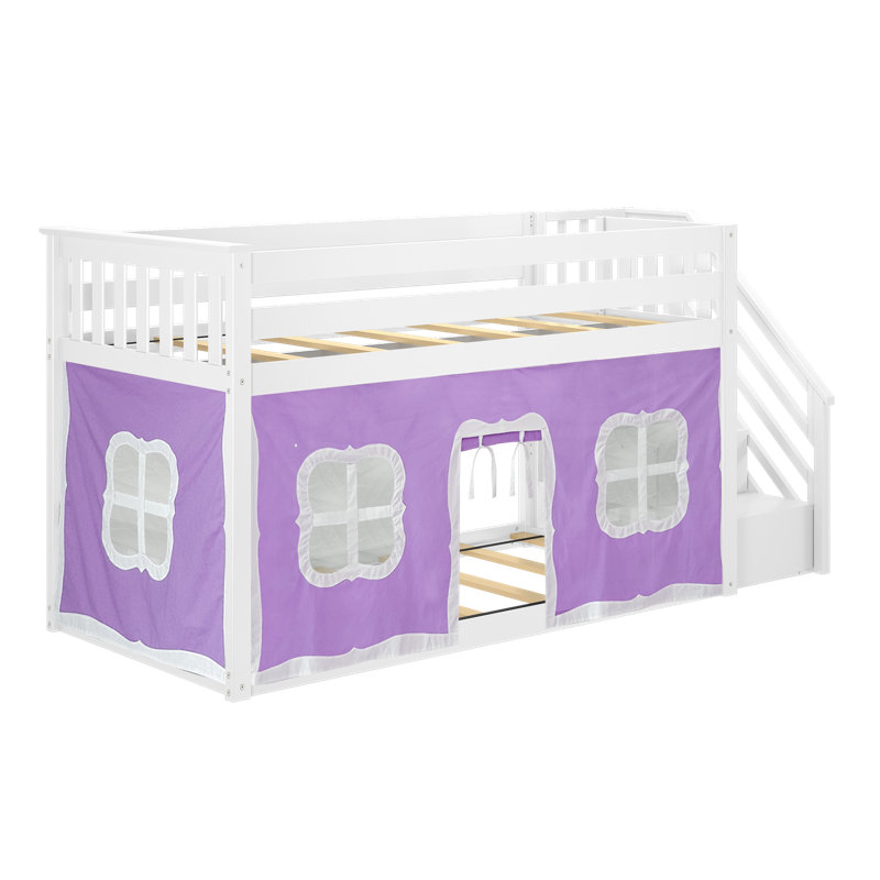  Westhampton Kids Twin Over Twin Bunk Bed with Curtain, Purple, White