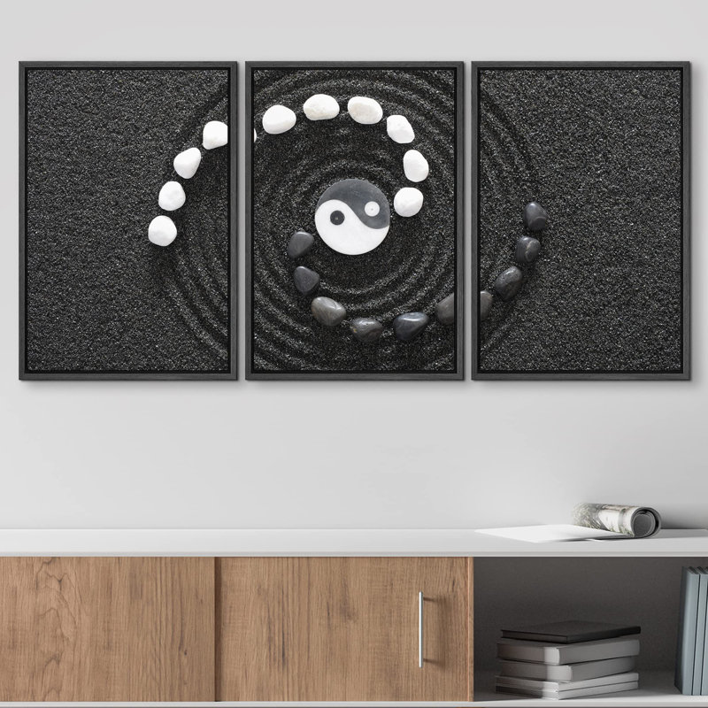 Décoration zen en pierres Zen avec Yin et Yang, H 24 po x l 48 po, Cadre flottant noir