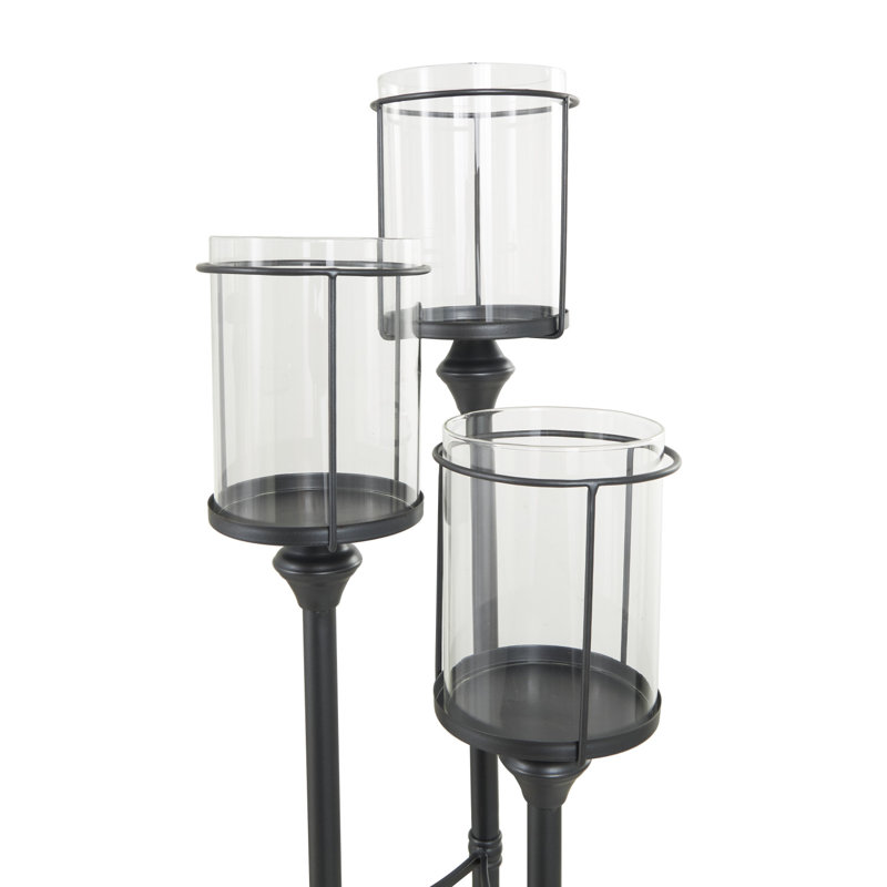 Metal Tall Floor Black Hurricane Lamp with 3 Posts and Round Base