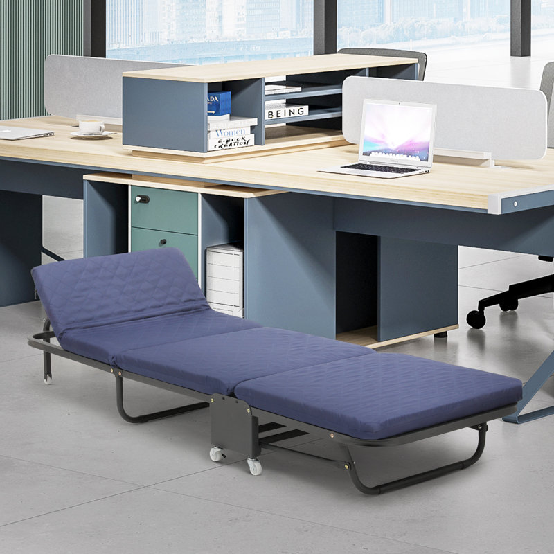 Rolling Folding Bed with Wheels, Foldable Rollaway Bed with Foam Mattress, Camping Cot Sleeping Bed, Navy Blue
