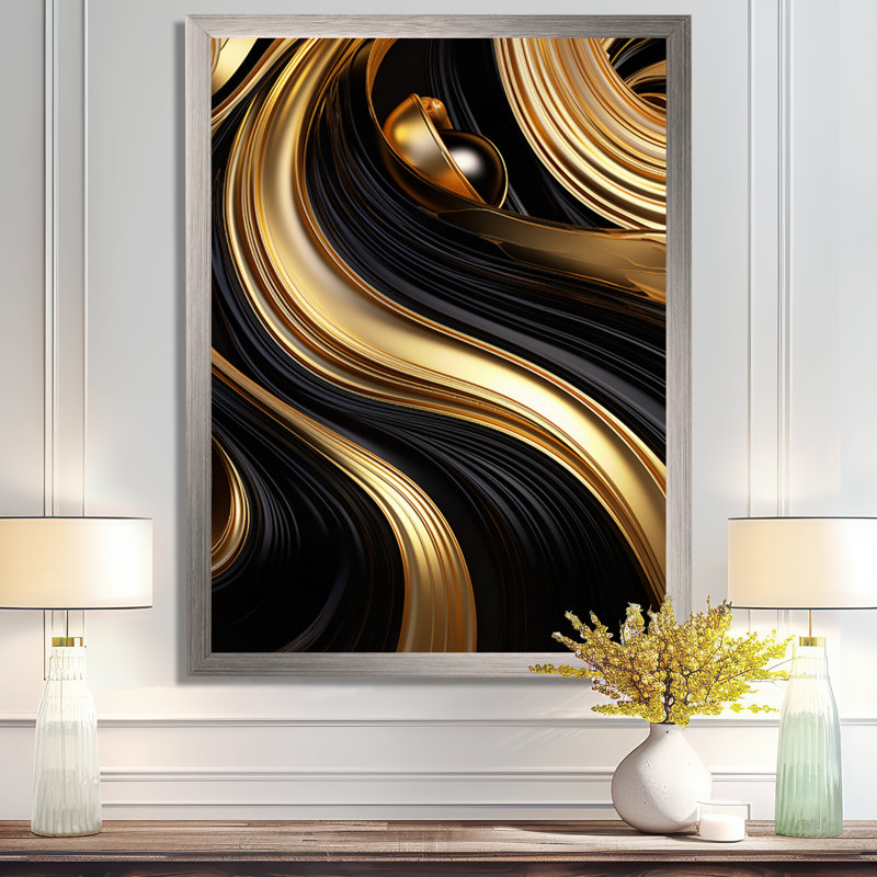 Abstrait or liquide et tourbillon noir I - spirales abstraites, art mural, H 32 po x l 24 po x P 1 po, Cadre simple argenté