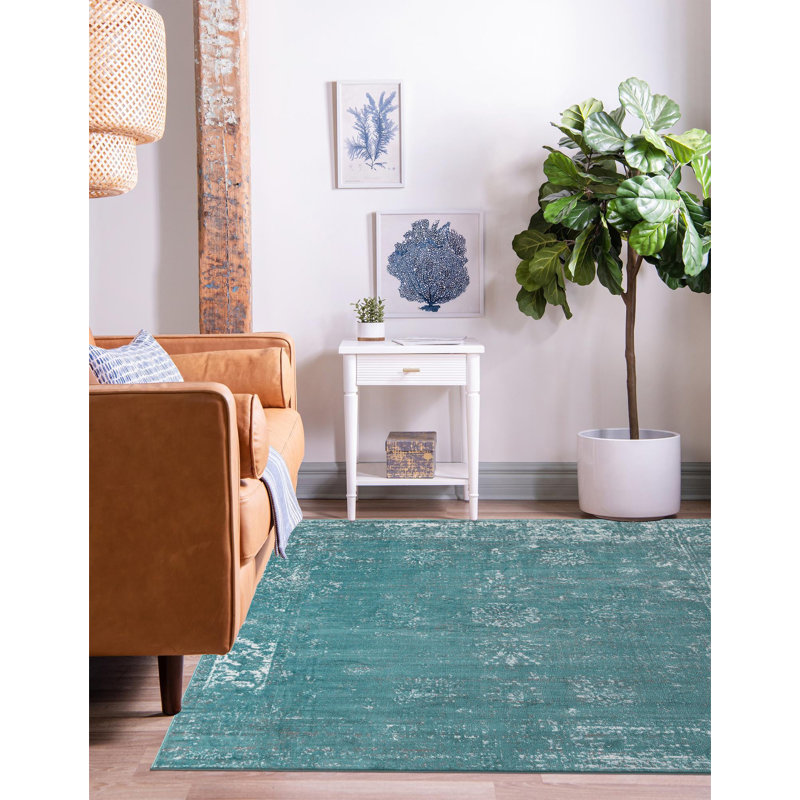 Tapis floral turquoise Brandt, Carré 7 pi 10 po x 7 pi 10 po