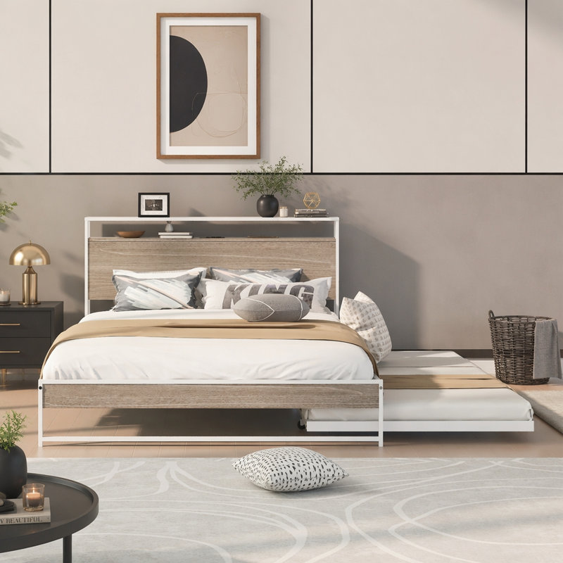 Lit plateforme en métal avec lit gigogne et ports USB, White