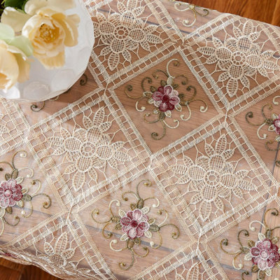 Oralie Square Floral Lace Tablecloth with Elegant Red Flower Design. Macrame Tablecloth for All Occasions
