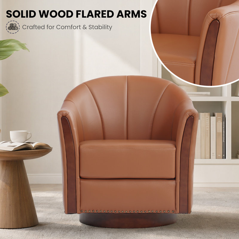 Modern Leather Swivel Barrel Chair with Solid Wood Base（Set of 2), Brown