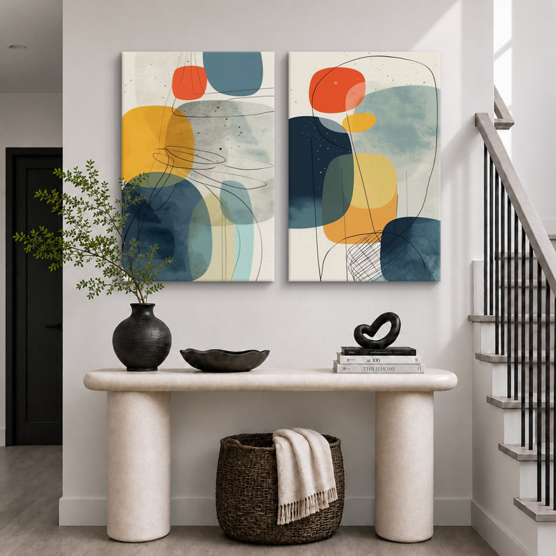 Forme Mid-Century «Œuvre d'art vibrante en bleu, jaune et orange, images murales géométriques abstraites modernes, impression sur toile encadrée, ensemble de 2 pièces d'art mural»