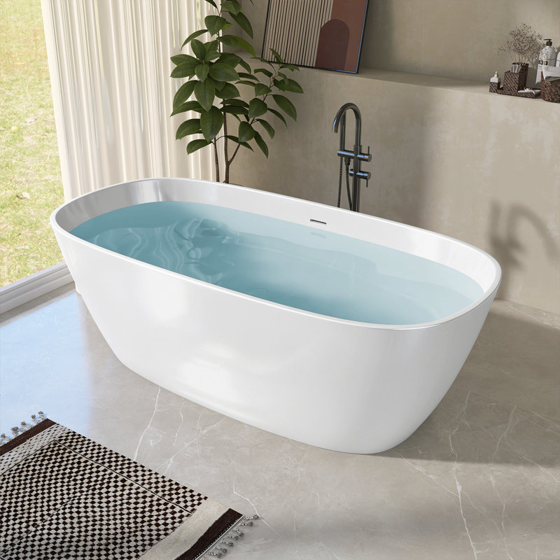 67" W X 33" D  Solid Surface Freestanding Bathtub Glossy White Soaker Tub Stone Resin Oval Slipper Tub with Center Drain