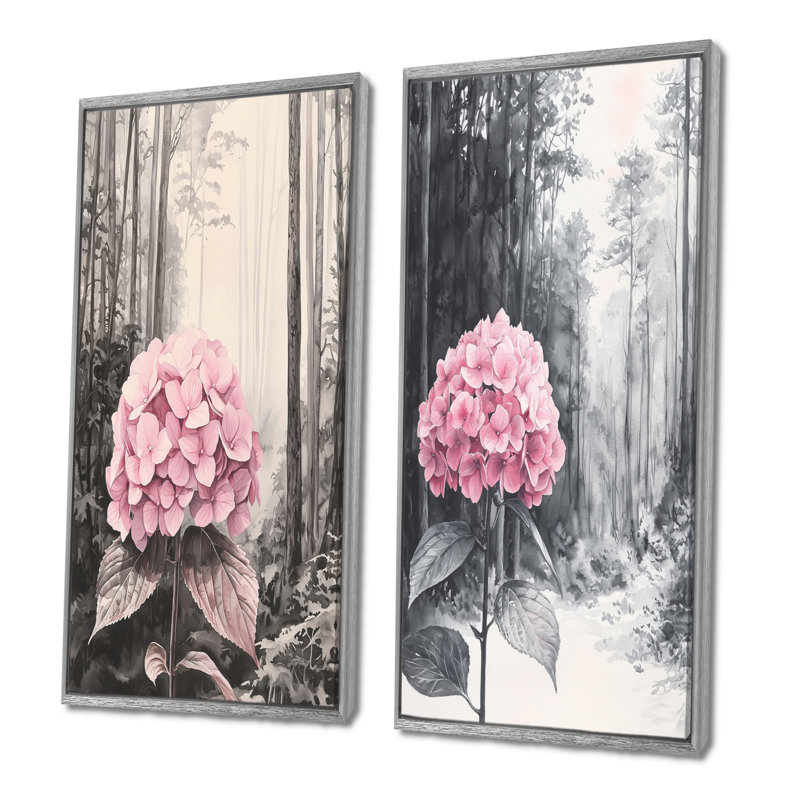 Hortensias dans la forêt monochrome I - Collection de 2 impressions sur toile florales, H 40 po x l 41 po