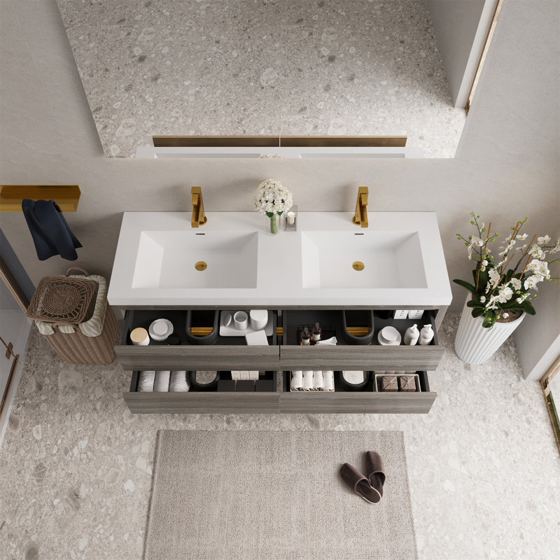 Meuble-lavabo mural avec lavabo, Bois de frêne gris, 59"