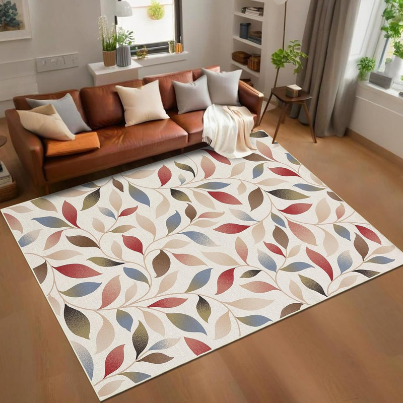 Washable Modern Botanical Rug Non-Slip Low Pile Leaf Pattern Foldable Stain Resistant Indoor Carpet Dining Room Red