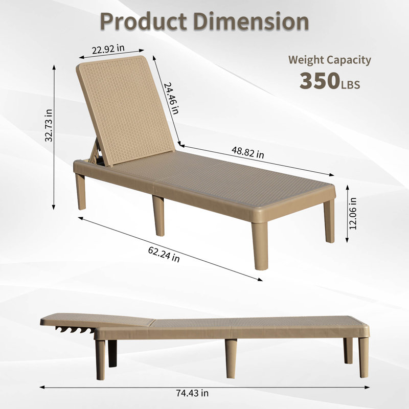 74" All-Weather Resin Chaise Lounge Chair, 5-Position Adjustable Reclining Patio Armless Lounger, Set of 2, Khaki