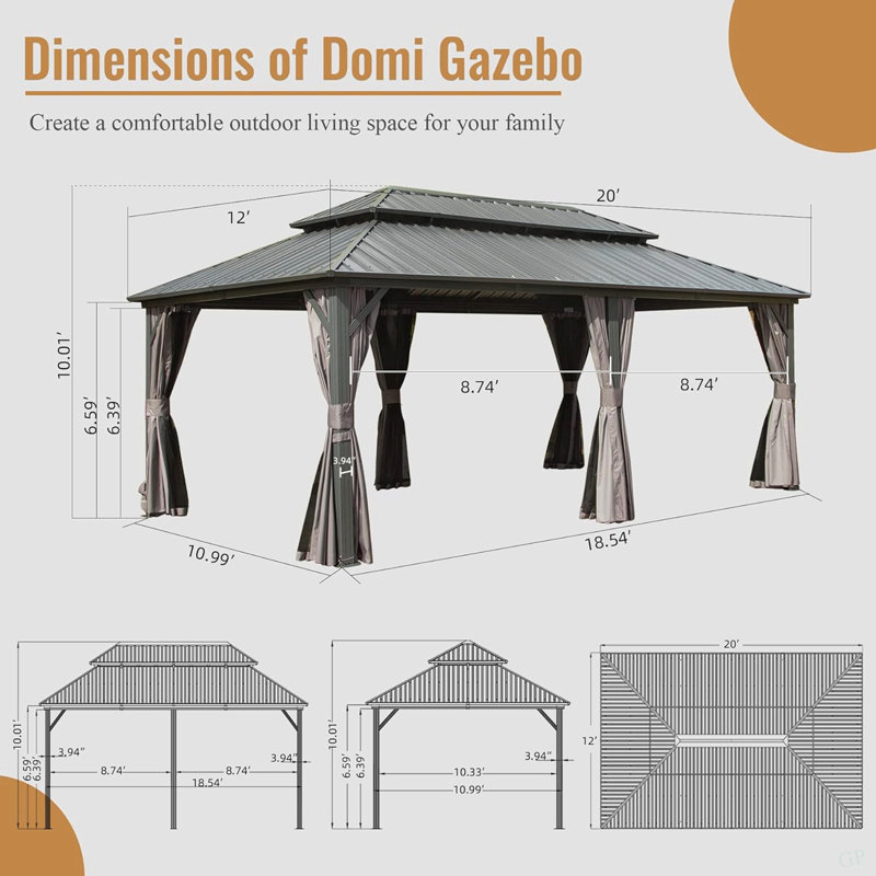 12' X 20' Hardtop Gazebo, Aluminum Metal Gazebo With Galvanized Steel Double Roof Canopy, Curtain And Netting, Permanent Gazebo Pavilion For Patio, Backyard, Deck, Lawn