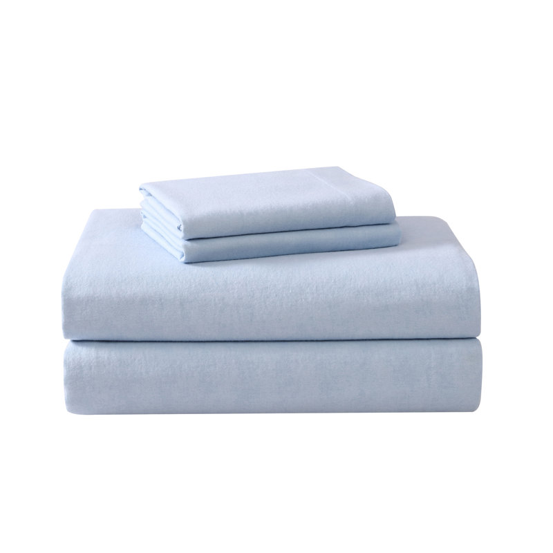 Ensemble de draps en flanelle de coton brossé, Ensemble de draps pour lit double avec 2 taies d'o, Bleu uni