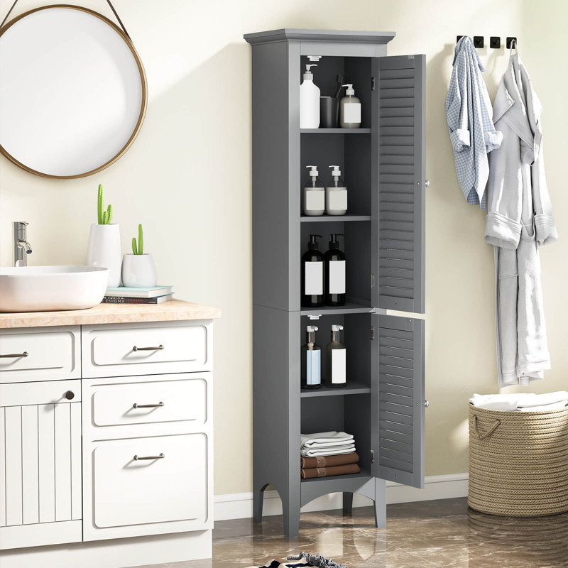 Armoire de salle de bain de 63 po de hauteur avec 2 portes à persiennes et tablette réglable, pieds surélevés gris, Gris