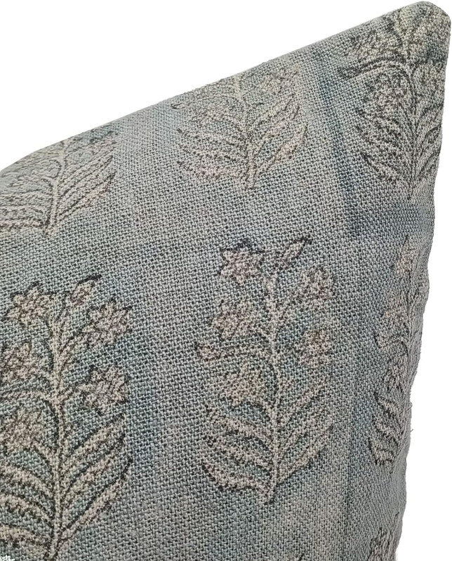 Handmade Light Gray Linen Block Print Throw Pillow Cover, 14x14