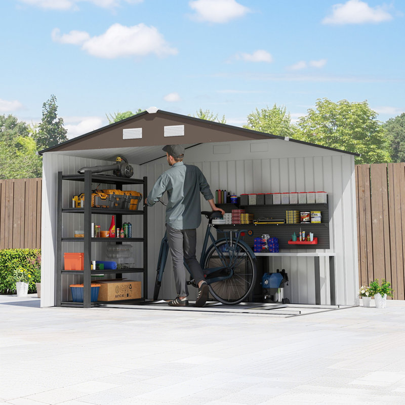 Outsunny 9' x 6' Outdoor Storage Shed, Garden Tool Metal Shed with Foundation Kit, Double Lockable Door, Air Vents and Sloping Roof, for Backyard, Patio, Lawn, Brown