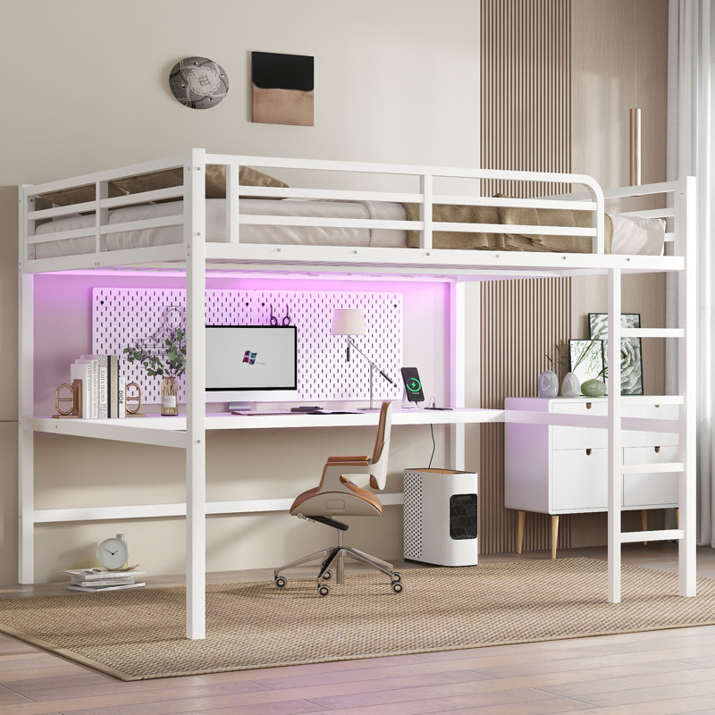 Lit mezzanine en métal avec prise de courant et éclairage DEL - Économie d'espace, Grand lit, Blanc