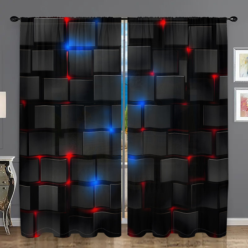 2Pcs Black Curtains with Red Blue Cub Pattern  Window Treatment Rod Pocket Drapes for Living Room Bedroom Gaming Home Decor Modern Tech Style