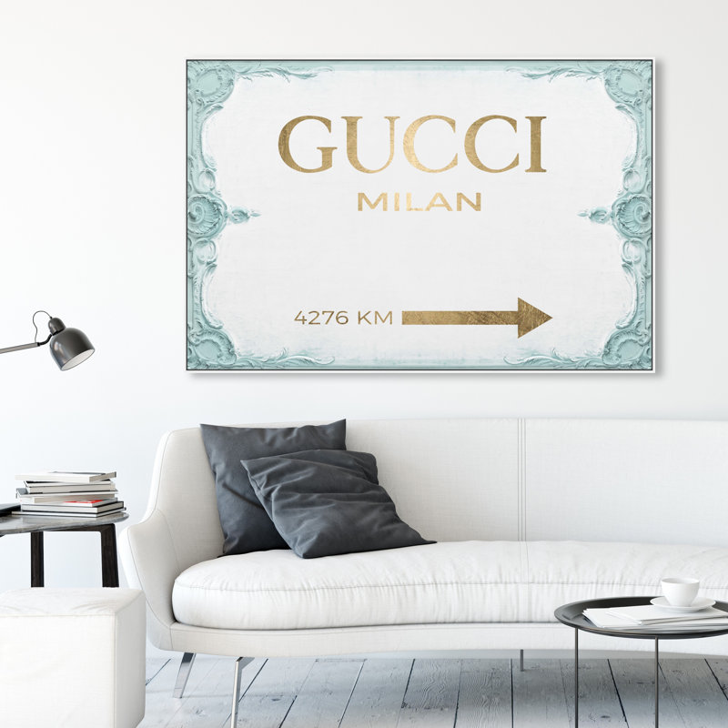 «Milan Sign Aqua», art textuel sur toile, H 36 po x l 54 po, Cadre blanc