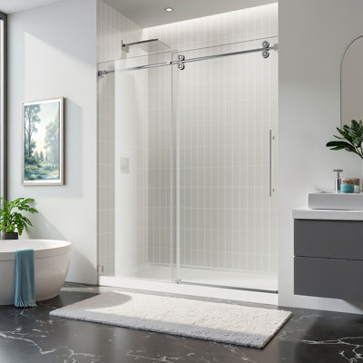Porte de douche coulissante simple L 81 po x l 43 po x H 5,71 po avec verre trempé de 10 mm, 1 panneau fixe et 1 panneau mobile, rail en acier inoxydable, finition chromée