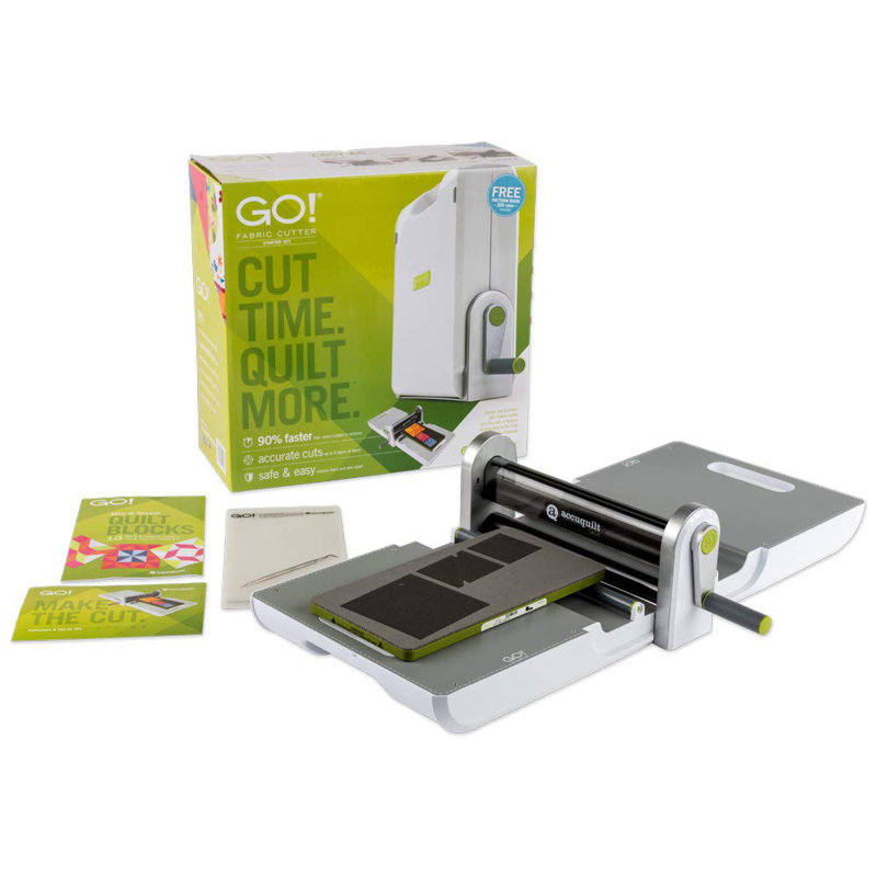 AccuQuilt GO! Fabric Cutter Starter Set including the GO! Fabric Cutter, Original Handle, GO! Value Fabric Cutting Die, GO! 6” x 12” Cutting Mat, 20 Pg Pattern Book, and Die Pick.