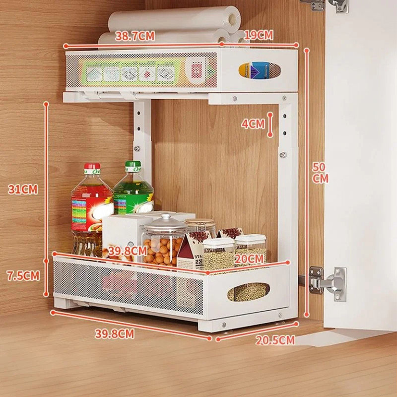 Under Sink Storage Kitchen Organiser Carbon Steel 2-Tier Pull Out Under Sink Storage Basket Height Adjustable Kitchen Cabinet Organizer for Bathroom Cabinet Countertop Laundry