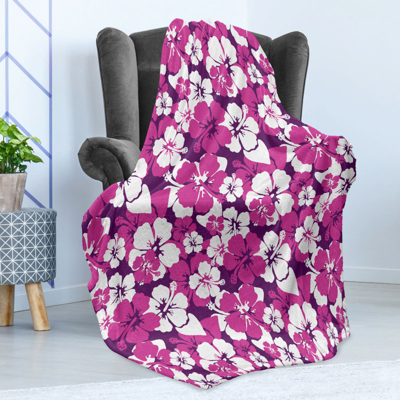Ambesonne Violet Fleece Throw Blanket Graphical Hibiscus Art, 50" W x 70" L